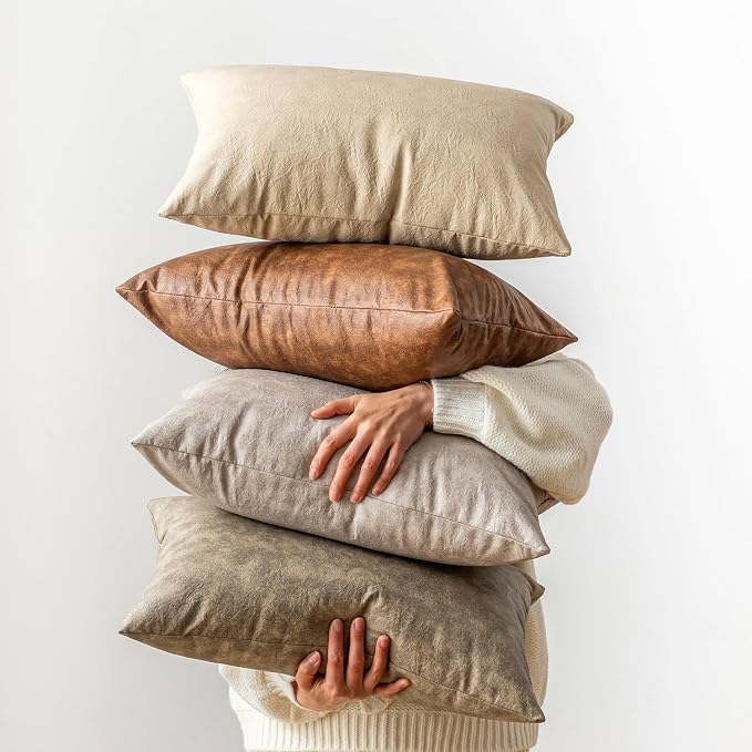 Pack of 2 Faux Leather Pillow Covers, Soft Rustic Farmhouse Neutral Vintage - Image 3