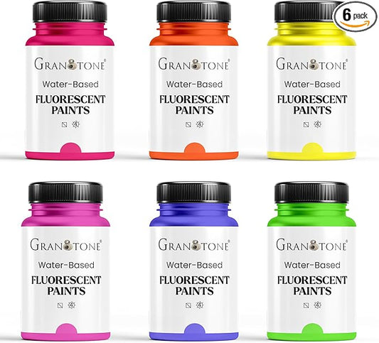 GRANOTONE Neon Fluorescent Acrylic Paint Set - 6 Colors, 4 oz Each | Glows in Black Light | Non-Toxic & Vibrant Paint | Ideal for Art, Crafts, Kids, & Hobbyists | Made in India