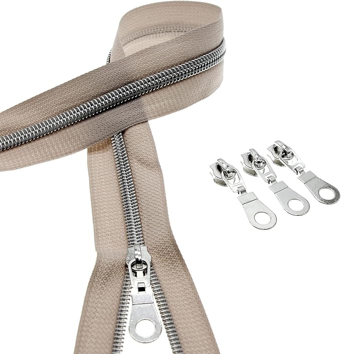 #5 Silver Teeth Metallic Nylon Coil Zippers by The Yard Bulk 10 Yards Beige Zipper Tape with 25pcs Silver Sliders for DIY Sewing Tailor Craft Bag Luggage Sofa Zipper Leekayer (Beige)