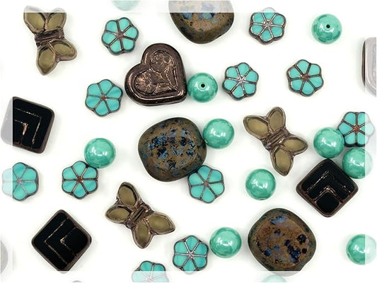 45+ pcs (2.1oz=60g) of Focal Glass Bead Mix with Table-Cut Flower and Butterfly Beads, PG Turqouise Brown Brass