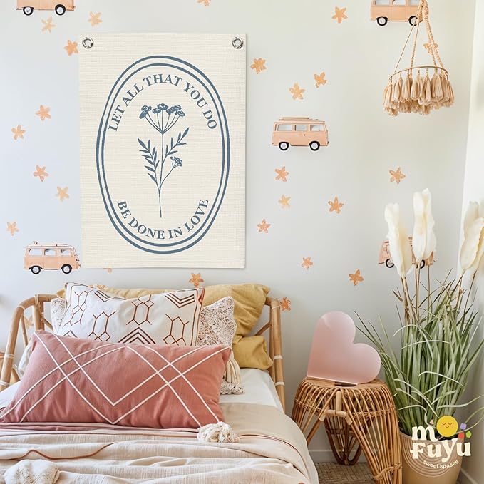 Christian Wall Art，Positive Affirmations Flower Wall Decor Banner，Let All That You Do Be Done in Love Wall Hanging Flag for Classroom Playroom Bedroom Nursery Dorm 18x25 Inch
