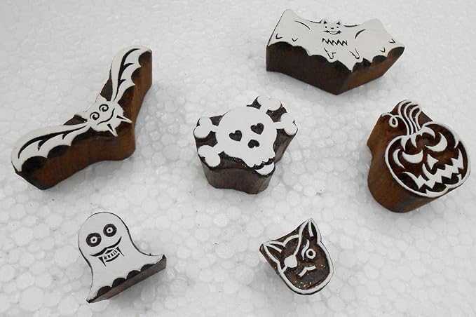 Handcarved Wooden Block Printing Stamps (Set of 6) for Textile Designing/ Craft printing pattern for Saree/ Scrapbookng/ Tattoo/ Halloween Designs