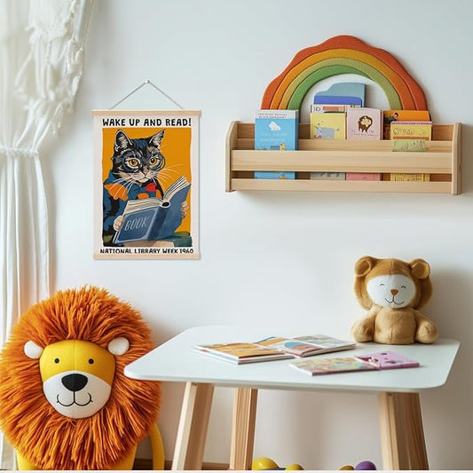 Funny Reading Cat Poster Hanger, Reading Nook Library Decor Wall Decor, Educational Posters Wall Art Wall Hanging Banner Farmhouse Classroom Bedroom Reading Room Apartment Home Decor