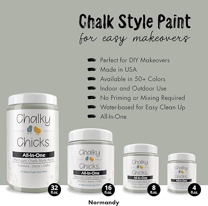 Chalky Chicks All-in-One Chalk Paint for Furniture or Cabinet - 4 Fl Oz - Matte Finish Normandy (Light Gray) for Metal, Wood Furniture Paint - No Sanding All-in-One for Home Decor & Crafts, USA Made