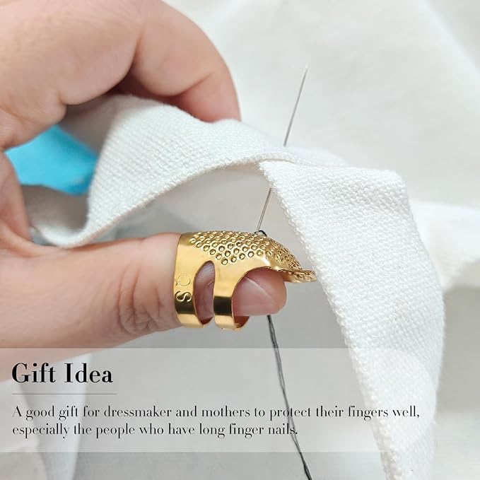 FR 4 Pack (2 Sizes, S/M) Sewing Thimble Finger Protector, Adjustable Finger Metal Shield Protector Pin Needles Sewing Quilting Craft Accessories DIY Sewing Tools Needlework Gold