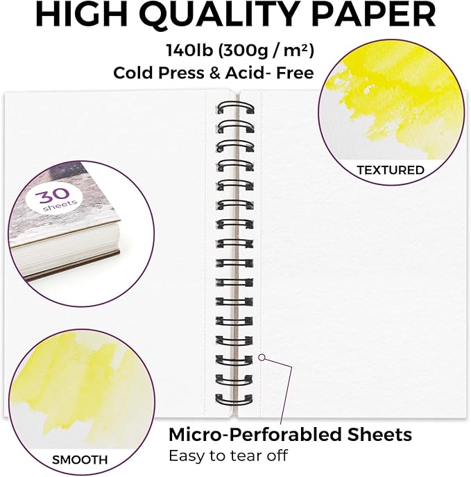 Funto Watercolor Pad 5.5x8.5, 30 Sheets, 140lb/300gsm, Double-Sided Cold Press, Spiral Bound, Heavyweight Paper for Watercolor Painting