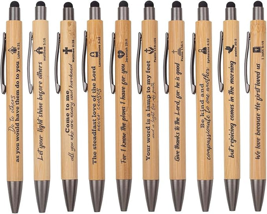 10 Pcs Christian Inspirational Stylus Bamboo Ballpoint Pens Set Bible Pens Bulk Christian Pens Gifts for Church Women Men Sunday Party Teacher Christians Supplies