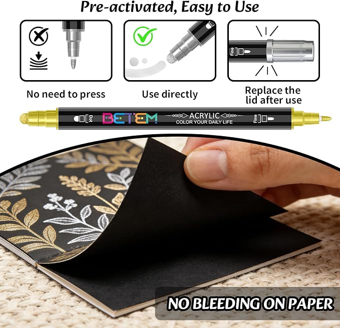 Betem 6 Gold&Silver Dual Tip Acrylic Paint Markers, Fabric Decorating Kits - Image 6