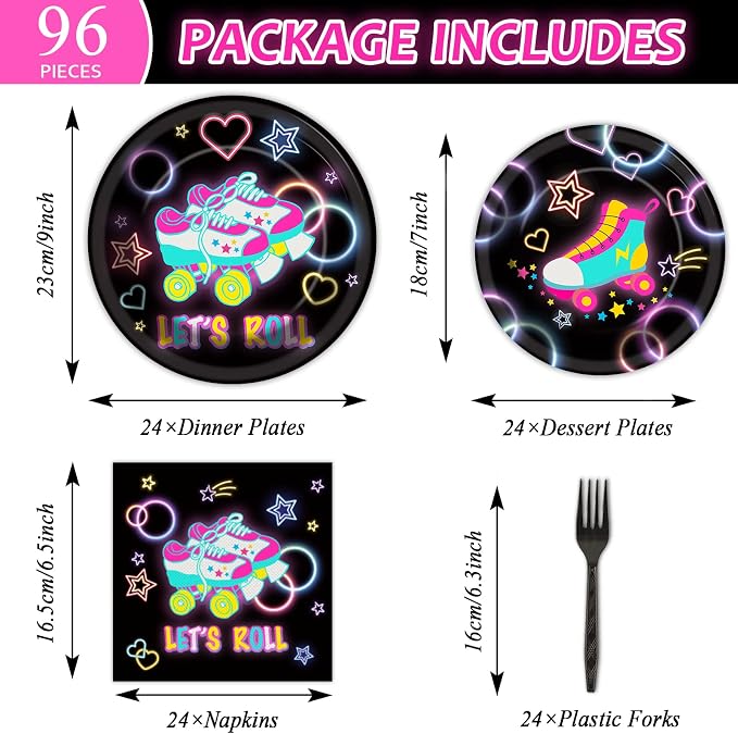 96pcs Roller Skating Party Supplies Tableware Set Retro Roller Skate Party - Image 2