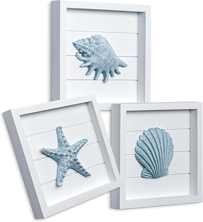 TideAndTales Blue Seashells and Starfish Coastal 3D Wall Art, Beach Wall Decor by TideandTales