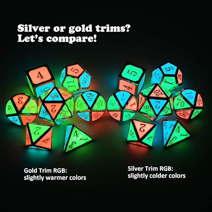 Haxtec Glow in The Dark Glowing Blue Red Green Silver Metal Dice Set D&D 7PCS DND Dice Set Compatible with Dungeons and Dragons RPG Games-Silver Glowing Blue Green Red