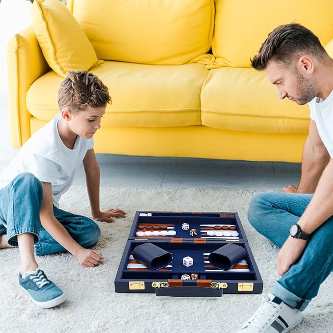 Backgammon Set 2 Players Classic Backgammon Sets for Adults Board Game with PU Leather Case Portable and Travel Backgammon Set (Navy, 11inch)