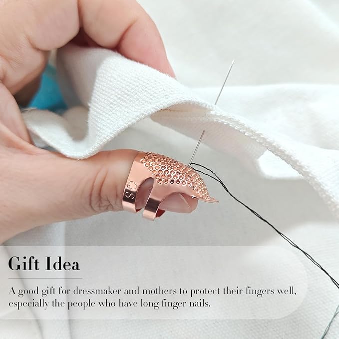FR 4 Pack (2 Sizes, S/M) Sewing Thimble Finger Protector, Adjustable Finger Metal Shield Protector Pin Needles Sewing Quilting Craft Accessories DIY Sewing Tools Needlework Rose Gold