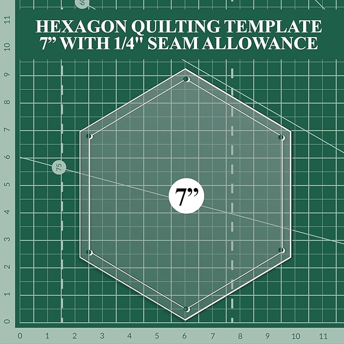 Hexagon Quilting Template Set - 7" with 1/4" Seam Allowance - Durable Acrylic Templates for Quilting, Patchwork, Crafting, & Sewing Projects - Clear Templates for Accurate Designing