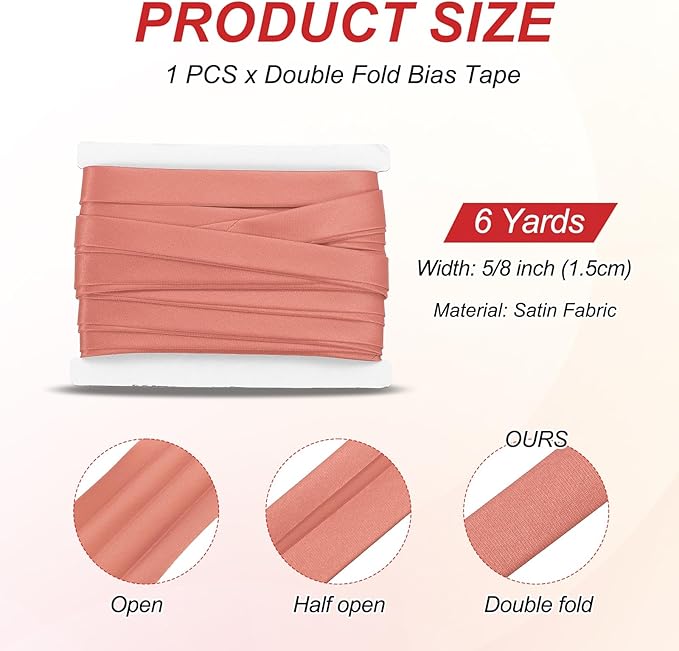 MECCANIXITY Double Fold Bias Tape for Sewing 5/8 Inch x 6 Yards Satin Pre-fold Continuous Binding Tape for Seaming Quilting Hemming Binding DIY Crafts, Light Red