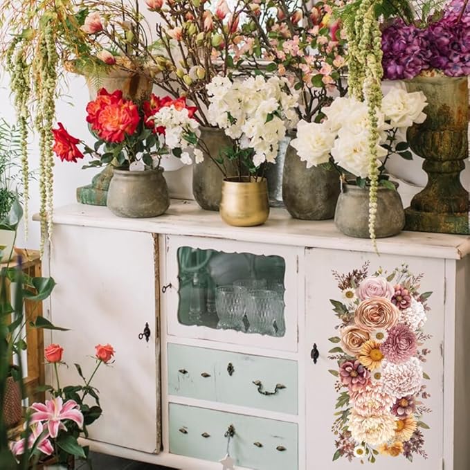 GLOBLELAND 4 Sheets Pink Vintage Bouquet Rub on Transfer for Furniture 11.8x5.9inch Flowers and Plants Rub on Transfer Sticker Daisy UV Self Adhesive Decals Wall Art Craft for Home Decor
