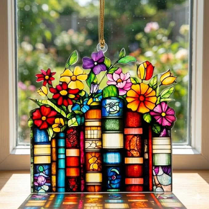 Book Lover Gifts for Women Acrylic Faux Stained Glass Window Hanging, Floral - Image 3