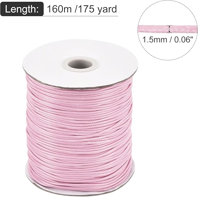 MECCANIXITY Waxed Cord 1.5mm Waxed Polyester Cord 175 Yard Wax String for Bracelet Making,Necklaces, Beading,Jewelry Making and DIY Crafts(Light Pink)