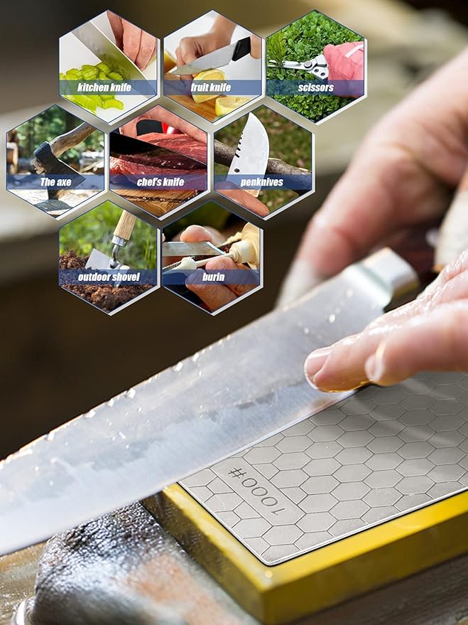 2PCS Diamond Sharpening Stone, Kalolary Knife Sharpener Stone Whetstone Honeycomb Surface Diamond Sharpener Plate with Non-slip Base for Pocket Knives Scissors, Outdoor Kitchen Tools (400/1000 Grit)