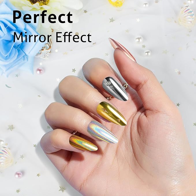Gold Silver Chrome Nail Powder, 12 Colors Iridescent Holographic Unicorn Chrome Powder for Nails, Metallic Mirror Effect Rose Gold Champagne Nail Powder Pigment Glitter Foils Flakes Nail Art