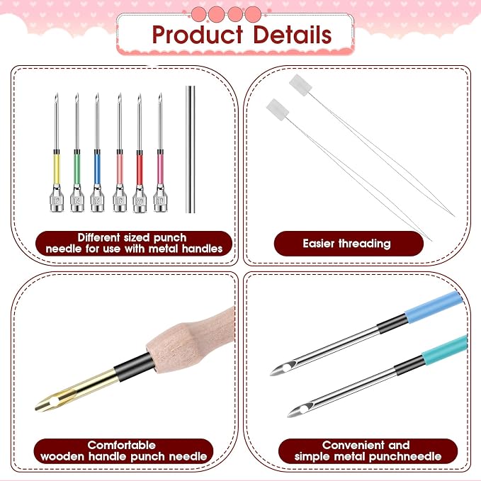 12 Pcs Punch Needle Kit, Embroidery Punch Needle Tool Wooden Handle Embroidery - Image 3