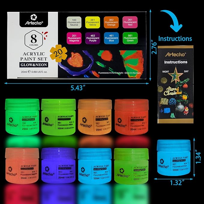 Artecho Glow in the Dark Acrylic Paint Set, 8 Colors x 20ml | Non-Toxic - Image 2
