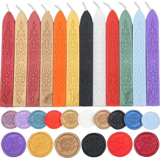 12Pcs Sealing Wax Sticks with Wicks, Assorted Colors Wax Seal Sticks Great for Letter Sealings Waxstamp Wedding Invitations, Packaging Decoration (12)