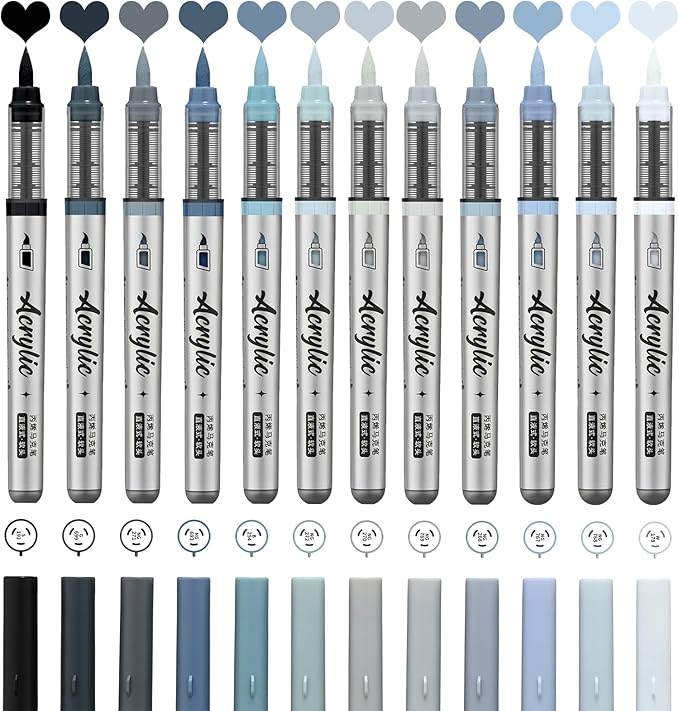 Grey Acrylic Paint Pens,12 Color Paint Pens Markers,Brush Tip Paint Pens for Rock Painting Wood Glass Ceramic Canvas Stone DIY Crafts Making Art Supplies