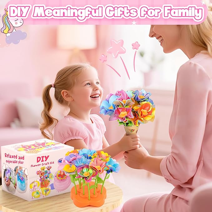 cosone Crafts Kits for Kids Ages 4-8, DIY Fabric Flower Bouquet Kit for 5 6 7 8 Year Girls Unicorn Flower Press Toys Educational Toy Preschool Birthday Gifts for Girls Handmade Activity Set - Pink