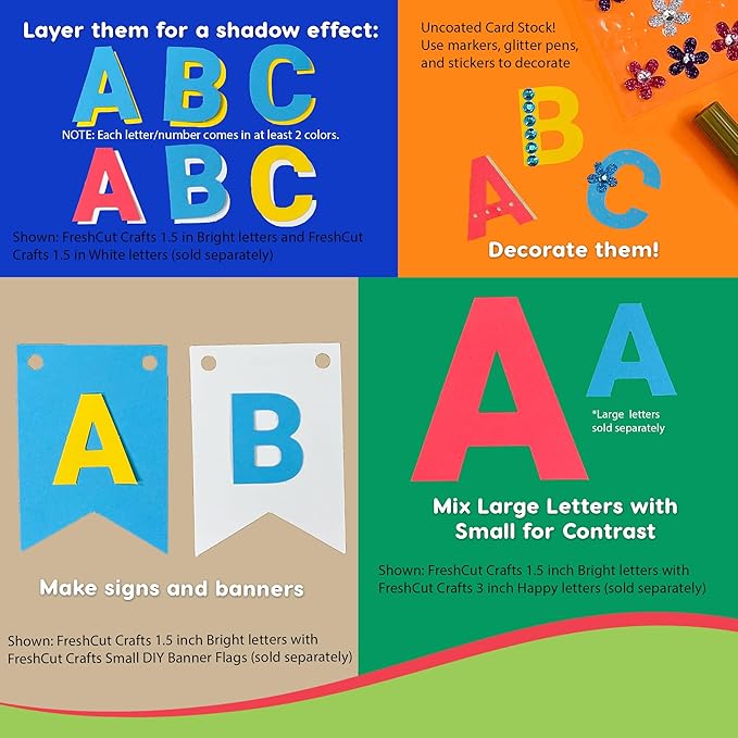 FreshCut Crafts 636 Pcs 1.5 in. Bright Bulletin Board Letters & Numbers, Capital Alphabet Letters, Numbers, Punctuation, US Made Card Stock Punch Outs for Posters, Bulletin Boards, Classroom