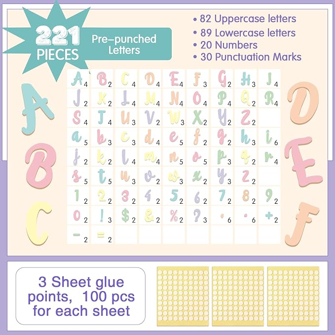 221 Pcs Bulletin Board Letters Round Alphabet Number Punctuation Symbol Combo Letter Cutouts Classroom Decoration for School Classroom Chalkboard Poster Board(Macaron Italic)