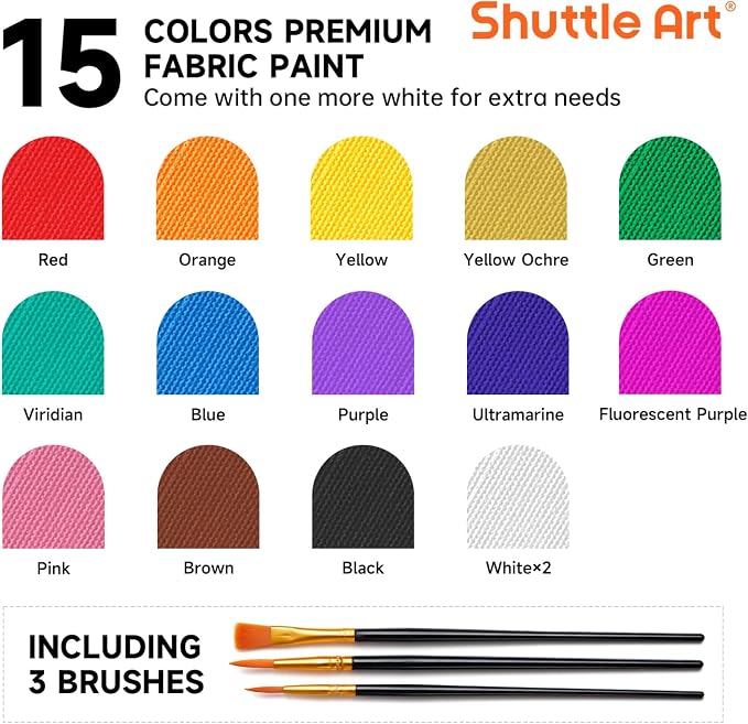 Shuttle Art Fabric Paint, 15 x 12ml Tubes Permanent Soft Fabric Paint - Image 3