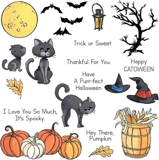 Halloween Clear Silicone stampReusable Stamp with Pumpkins, Skulls, Bats, Santa Claus, and Holiday Designs. Used for Making Cards, scrapbooks, and DIY templates (Halloween Cat)