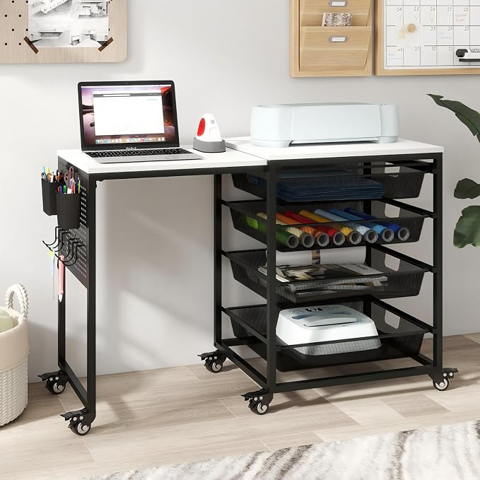 Craft Table with Wheels & Drawer, Extendable Cart with Pegboard, Arts and by Natwind
