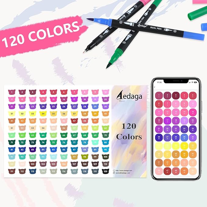 120 Colors Numbered Dual Tip Brush Pens with Free App, Fine and Brush Tips Pens for Adults and Kids, Coloring Markers for Coloring Book Bullet Journaling Note Taking Planner Hand Lettering