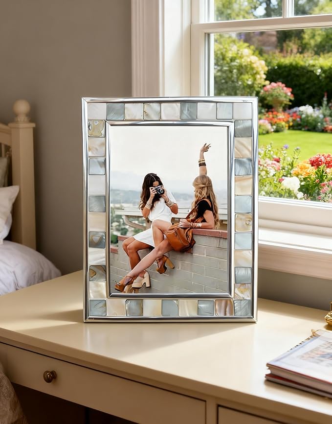 Silver Plate Picture Frame 4x6 Mother of Pearl 4 by 6 Photo Frame Mosaic Glass - Image 3