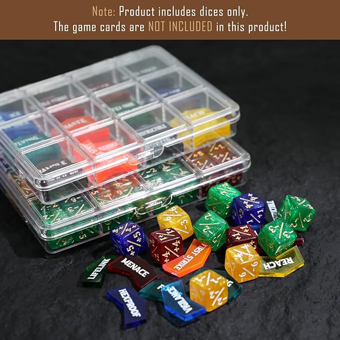 108PCS MTG Tokens & 12mm MTG Dice Set for Magic Card, Keyword Token Life Counters Dice with Box, Compatible with Magic CCG Card Gaming Accessories