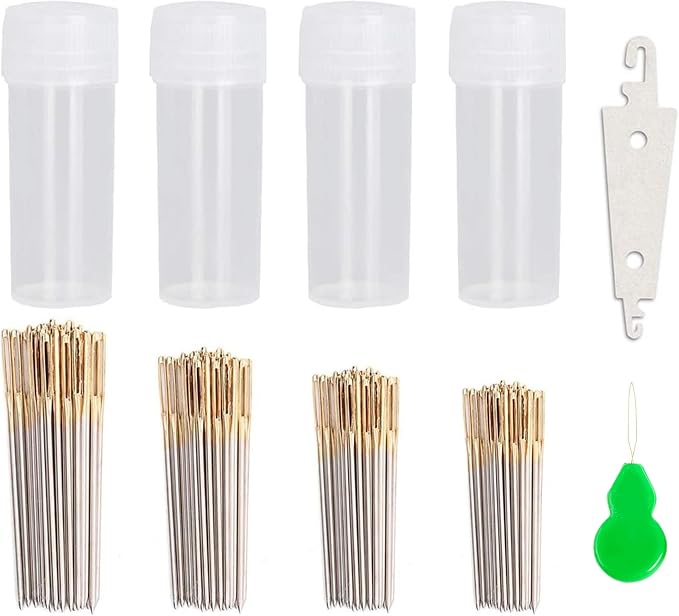 120pcs Cross Stitch Needles +2 Needle Threader Golden Color Large Eyes Cross by JIGEGE