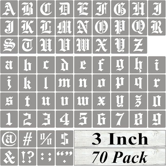 3 Inch Alphabet Letter Stencils for Painting - 70 Pack Old English Letter Stencil Templates with Numbers and Signs for Painting on Wood, Reusable Letters Stencils for Chalkboard Wood Signs & Wall Art