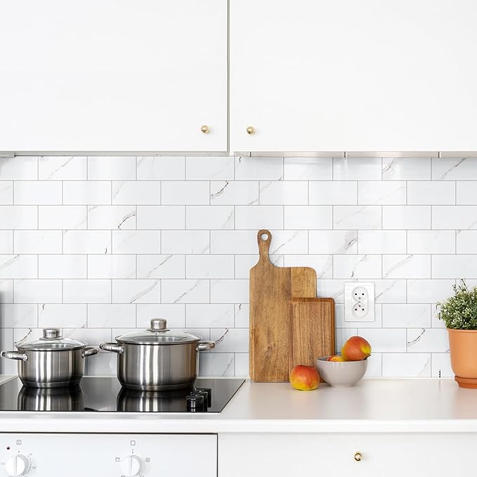 100 Pieces Peel and Stick Backsplash for Kitchen, 3" x 6" PVC Subway Tile 2025 Upgraded Glossy White Marble with White Grout Backsplash Stick on Tile Elevate Kitchen Fireplace RV