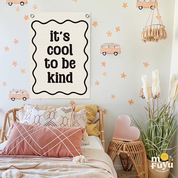 Affirmation Wall Decor It's Cool to be Kind Linen Canvas Banner,Nursery Decor Wall Hanging Flag for Bedroom Playroom Classroom Kids Rroom 18x25 Inch