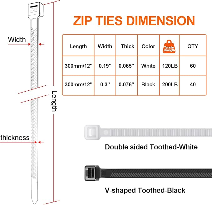 Zip Ties Heavy Duty 12+12 inch, V-Shaped Toothed Double Sided - Image 2