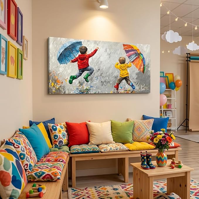 ZESTRILIA Joyful Kids Playing in Rain Canvas Wall Art, Rainbow Umbrella - Image 6