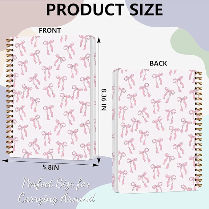 2 PCs Pink Bow Journaling Notebooks Trendy Preppy Spiral Notebook Cute Coquette Aesthetic Design Gifts for Women Teen Girls Note Books Journals for Writing Hardcover Notebook Office Classroom Supplies