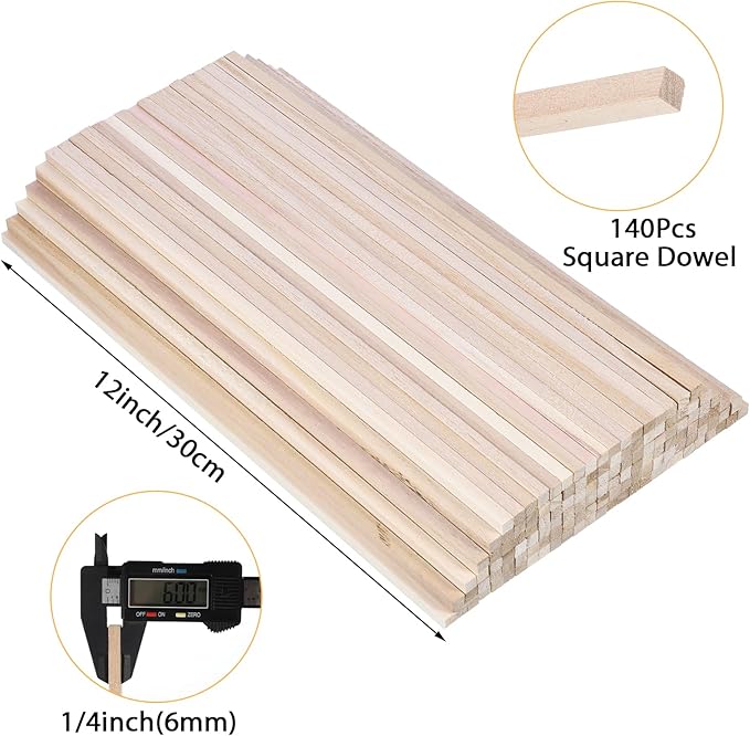 140Pcs 1/4" x 12" Balsa Wood Sticks, Square Dowel Rods Unfinished Balsa Wood Strips Hardwood Sticks for Crafts DIY Projects Models Making