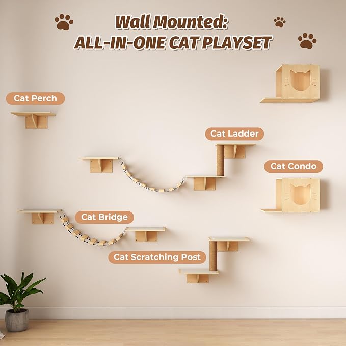 Cat Wall Shelves, Wood 8-in-1 Cat Wall Furniture Set, Large Cat Shelves - Image 3