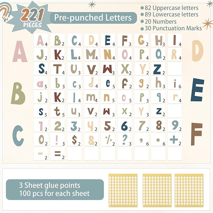 221 Pcs Classroom Bulletin Board Letters Colorful Alphabet Cutouts Number and Punctuation Symbol Combo Letter Cutouts for Spring Summer Wall Chalkboard Poster Board Decor(Advanced Boho)