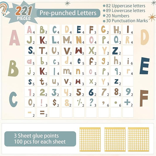 221 Pcs Classroom Bulletin Board Letters Colorful Alphabet Cutouts Number and Punctuation Symbol Combo Letter Cutouts for Spring Summer Wall Chalkboard Poster Board Decor(Advanced Boho)
