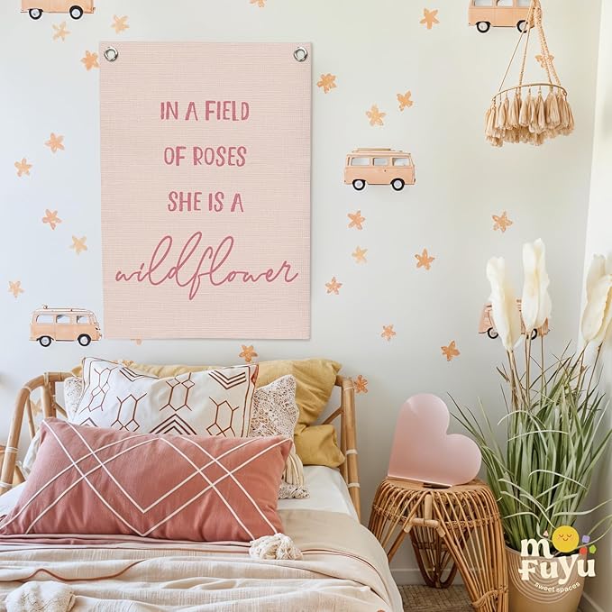 Nursery Decor,Girls Room Decor,Pink Linen Canvas Banner,In a Field Full of Roses She Is a Wildflower Nursery Decor Wall Hanging Flag for Playroom Bedroom Little Girl Room 18x25 Inch