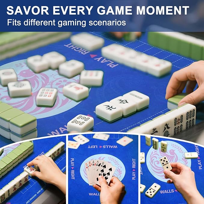 2025 Mahjong Mat, 31.5" x 31.5" Neoprene Mahjong Table Mat with Rules, Anti Slip & Noise Reduction Gaming Mat for Poker, Card, Dominoes, Board & Tile Games, Mahjong Gift with Carrying Bag - Blue